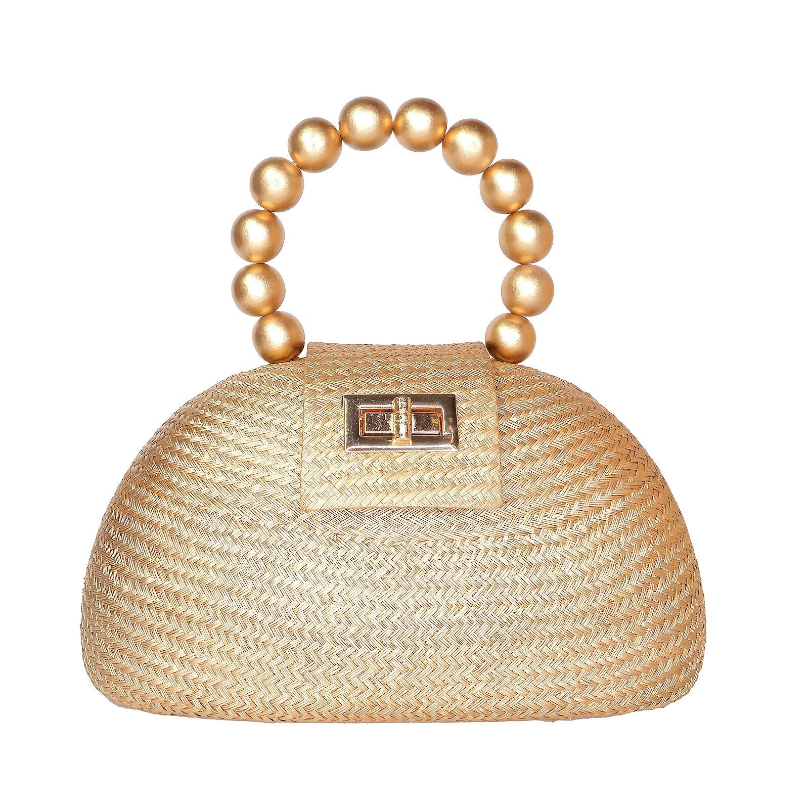 The Orla Gold Woven Straw & Wooden Bead Statement Clutch Bag - Fluent Trends
