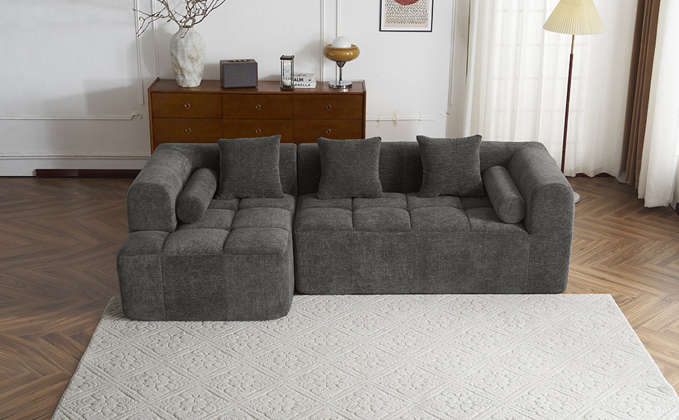 Modern Grey Modular Sectional Sofa with Deep Seating and Side Pockets in Chenille Fabric - Fluent Trends