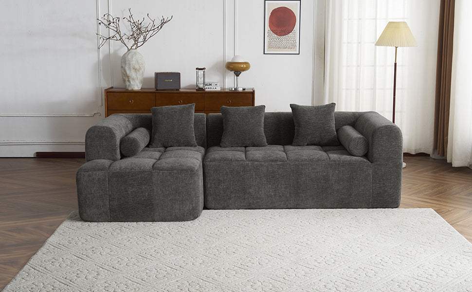 Modern Grey Modular Sectional Sofa with Deep Seating and Side Pockets in Chenille Fabric - Fluent Trends