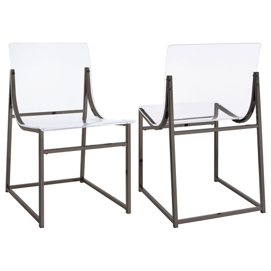 Pair of modern transparent acrylic chairs with metal frame and minimalist design