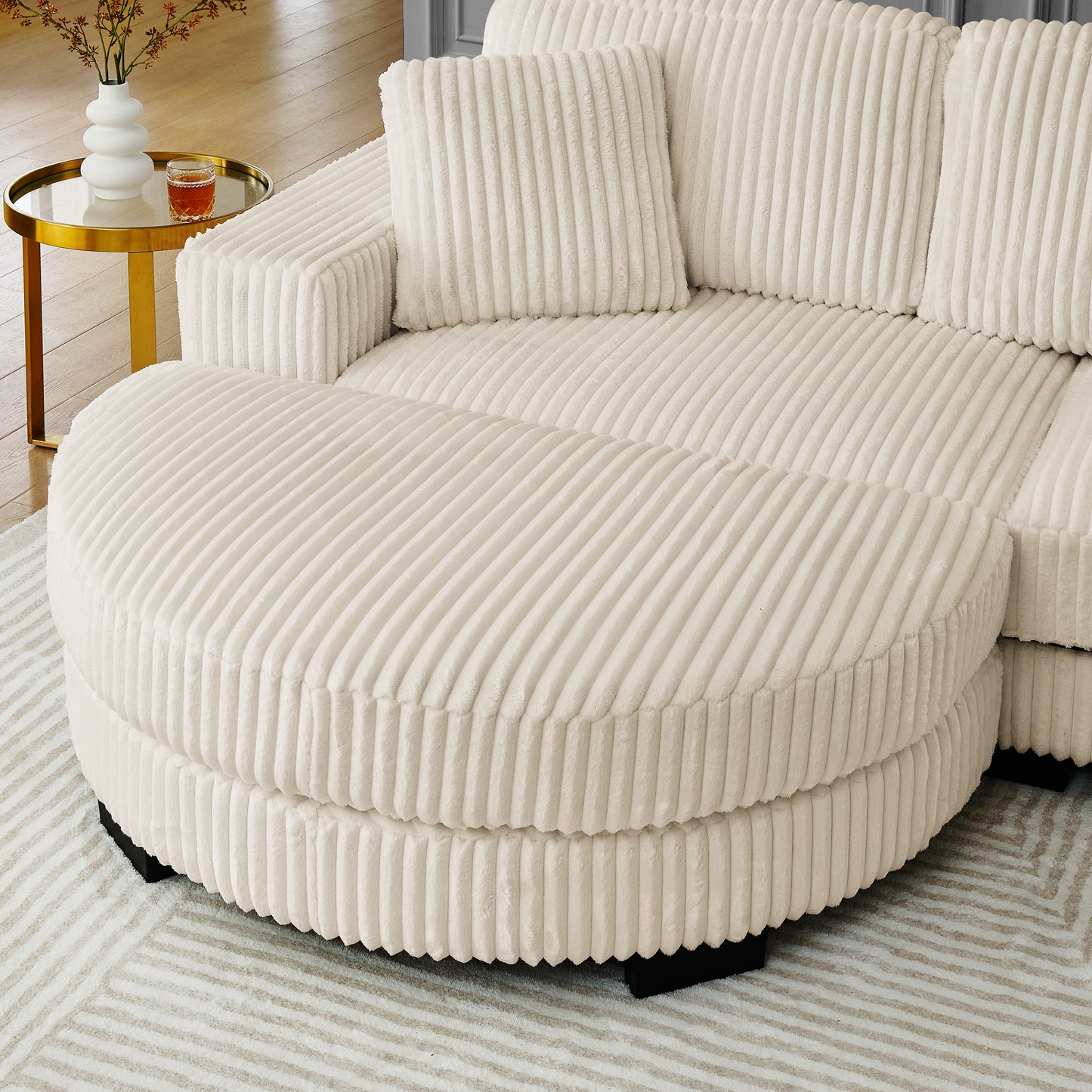 Modern Corduroy Tufted Sleeper Sectional Sofa - Modular L-Shape, Beige - Fluent Trends