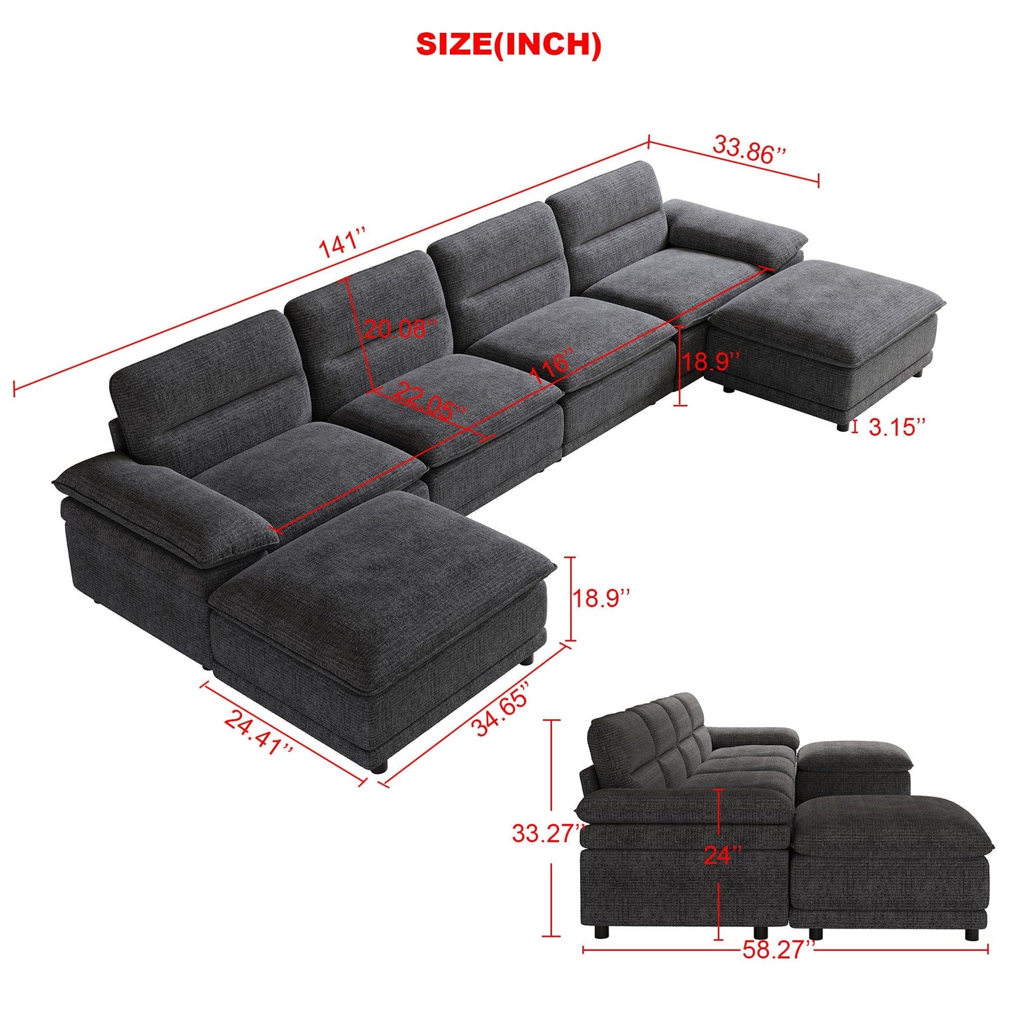 141'' Wide Modern U-shaped Sectional Sofa with high back cushion,6-seat Upholstered Dark Grey Streamdale Furniture