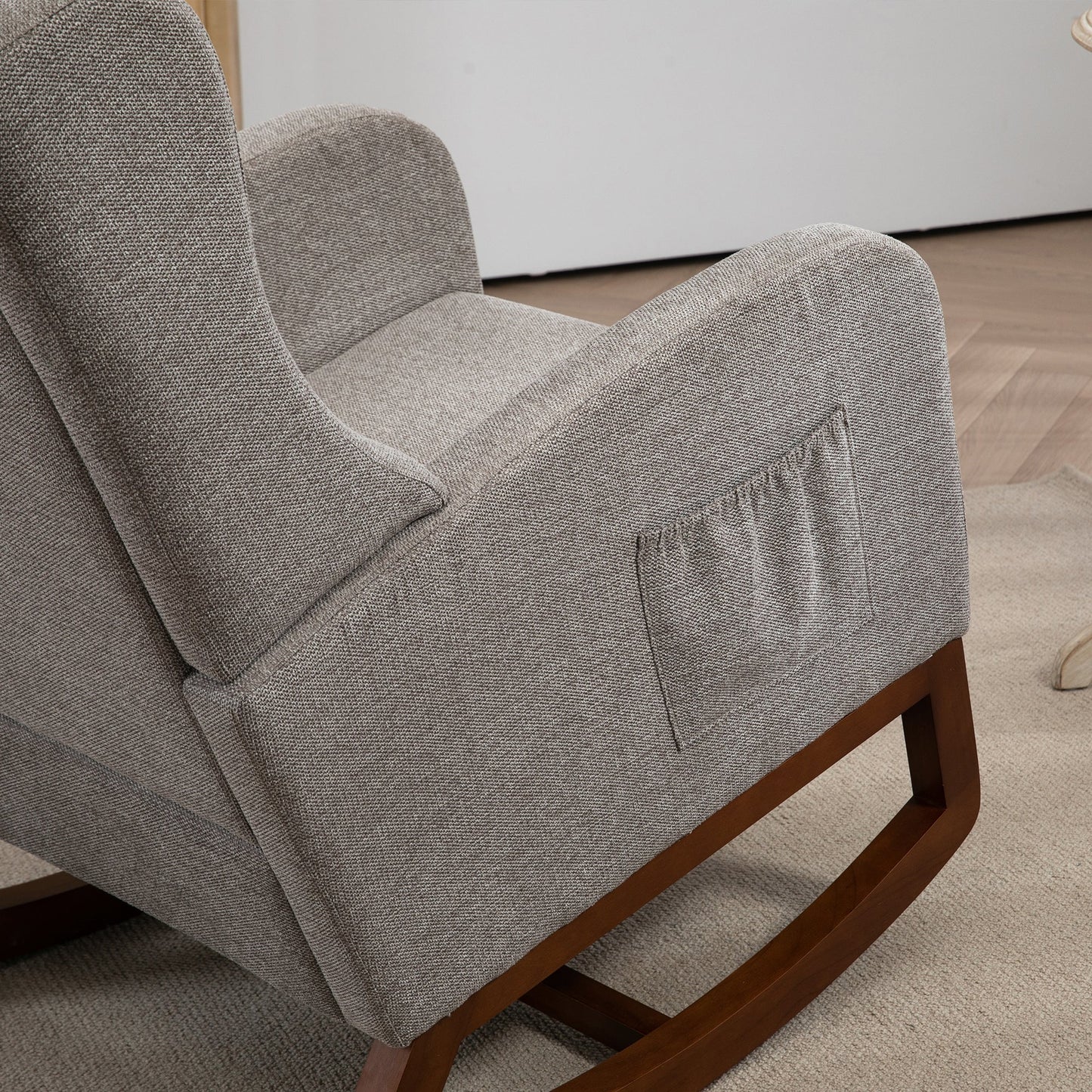25.4'W Modern Rocking Chair for Nursery, Mid Century Accent Arm Rocker With Retractable Footrest, Side Pocket, Comfy Upholstered Wingback Wooden Glider Chair for Living Room Baby Kids Room. Taupe