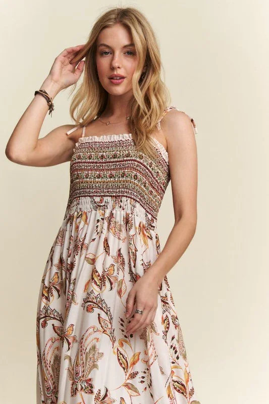 ADORA Smocked Printed Square Neck Tie Shoulder Cami Dress - Fluent Trends