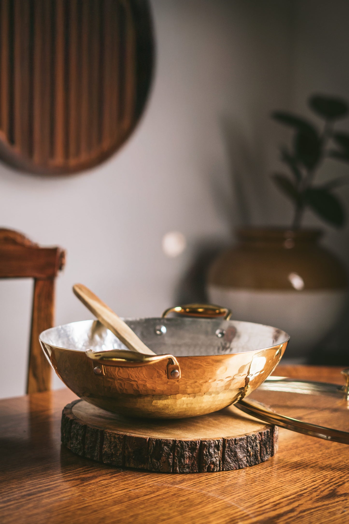 Brass Wok with Glass lid (Circular & Deep cooking/ serving Utensil) Powered by People