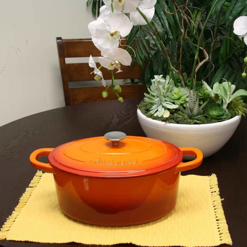 7-Quart Enameled Orange Sunburst Cast Iron Dutch Oven with Lid Melrose Home Design