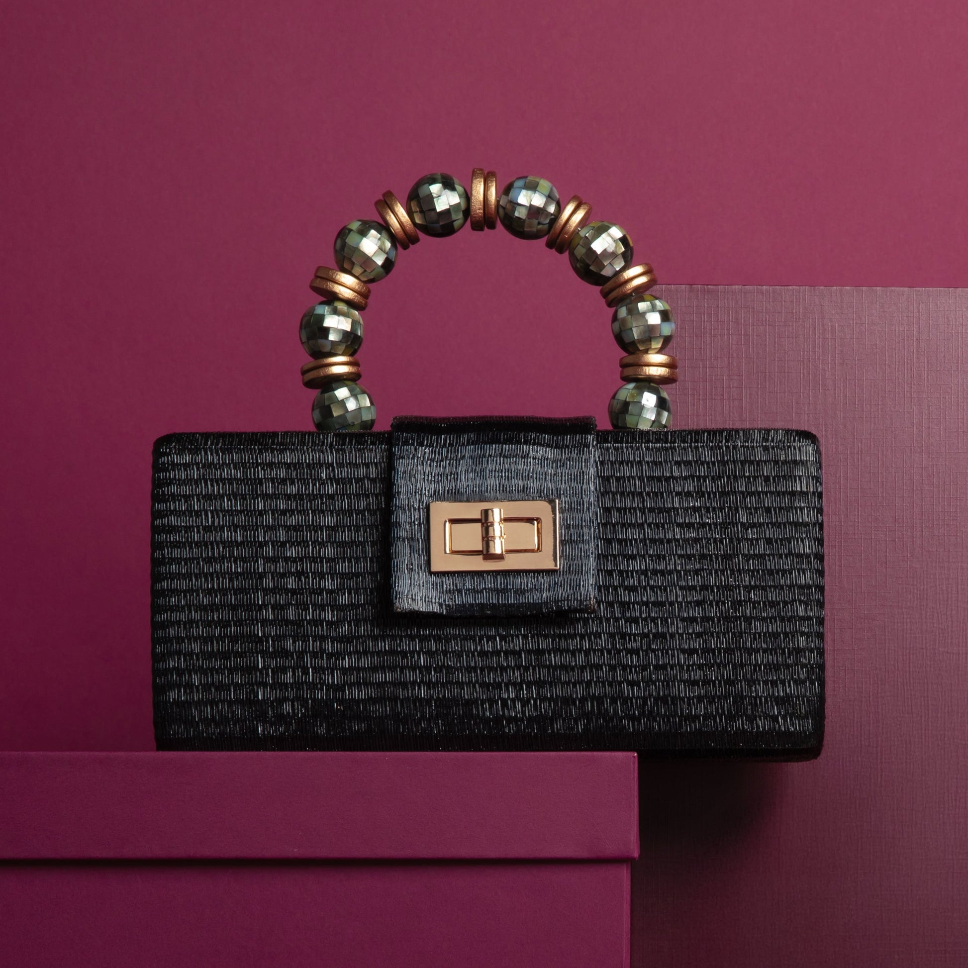 THE SERENA Black Clutch with Shell Inlay Bead Handle - Fluent Trends