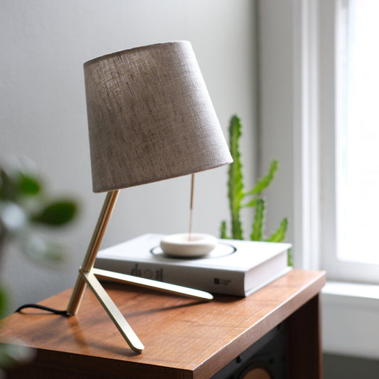 Tokyo I Table Lamp: Solid Brass or Recycled Steel with Unbleached Cotton Shade