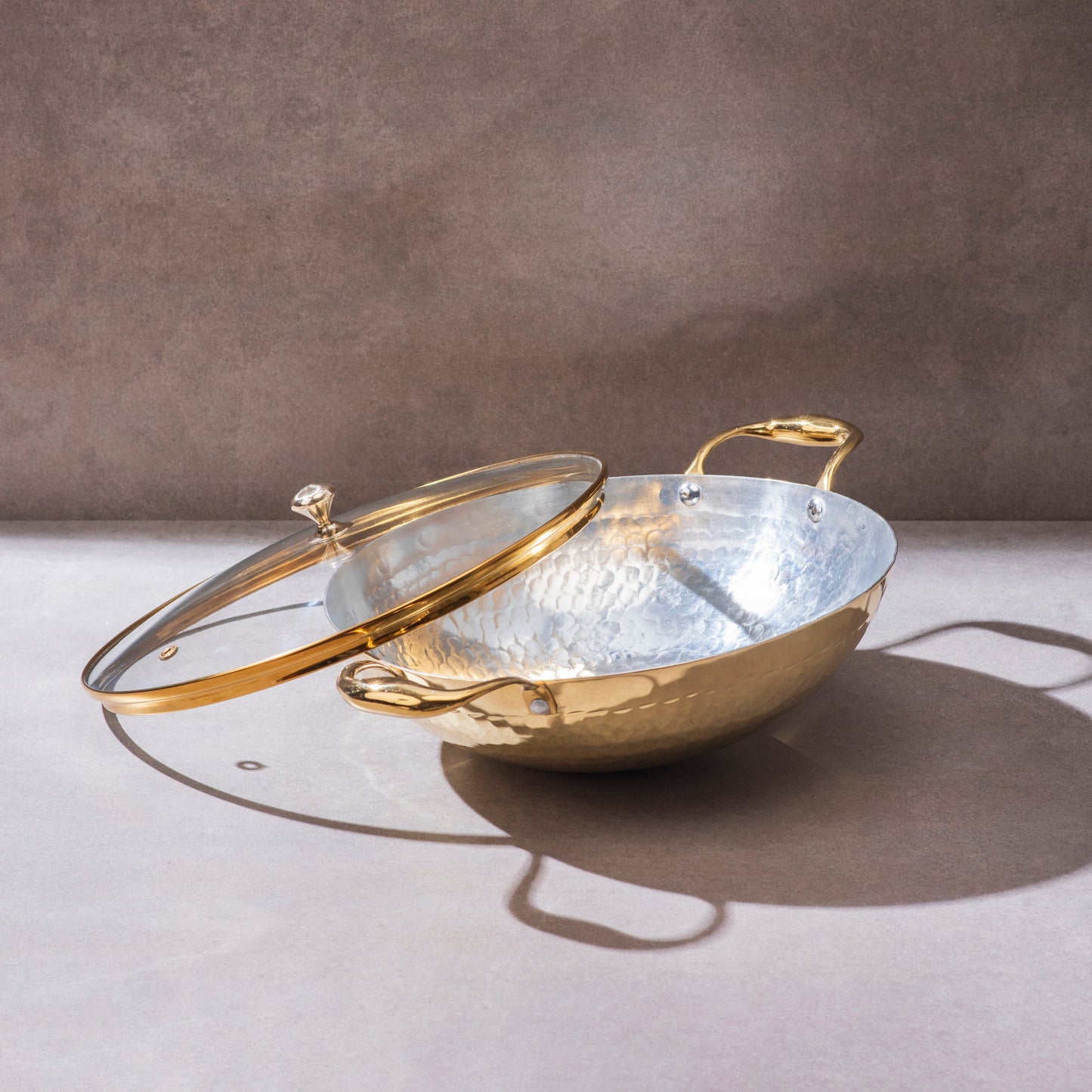 Brass Wok with Glass lid (Circular & Deep cooking/ serving Utensil) Powered by People