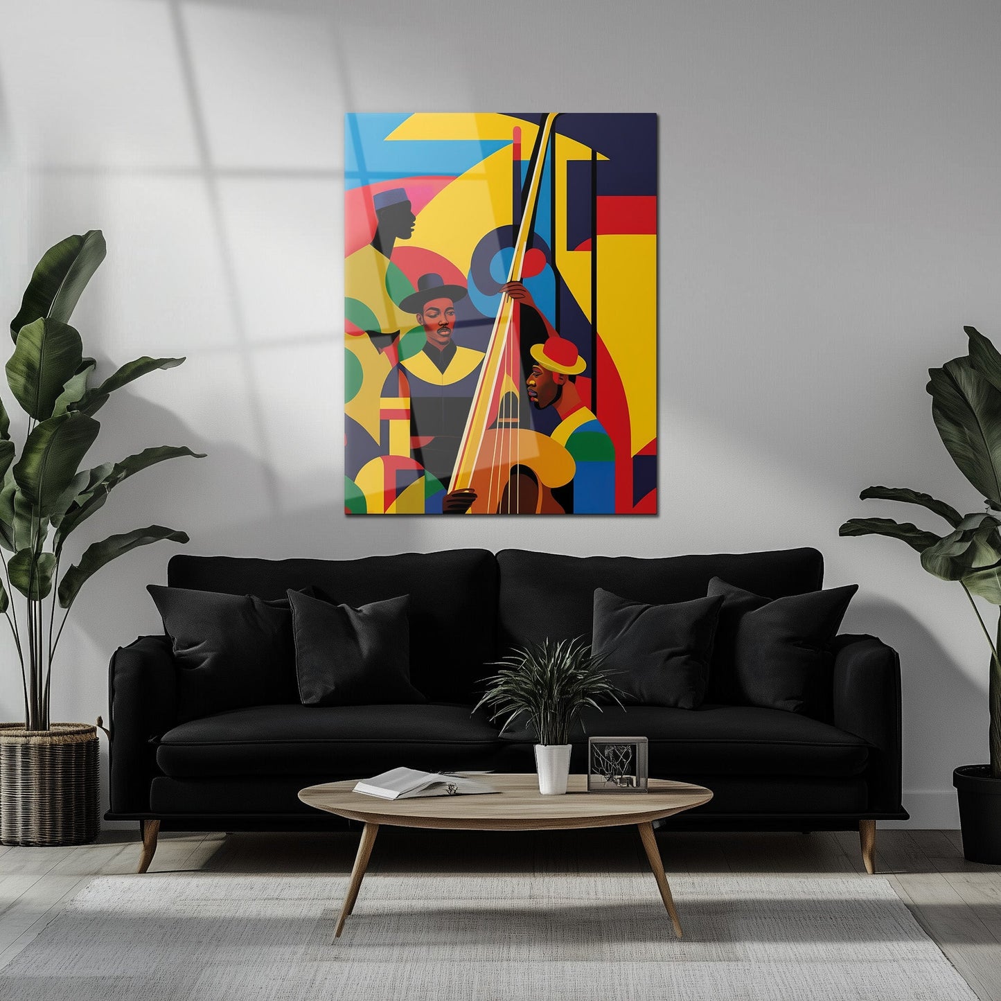 Jazz Musicians Glass Wall Art above black sofa in modern living room, bold abstract UV print on tempered glass