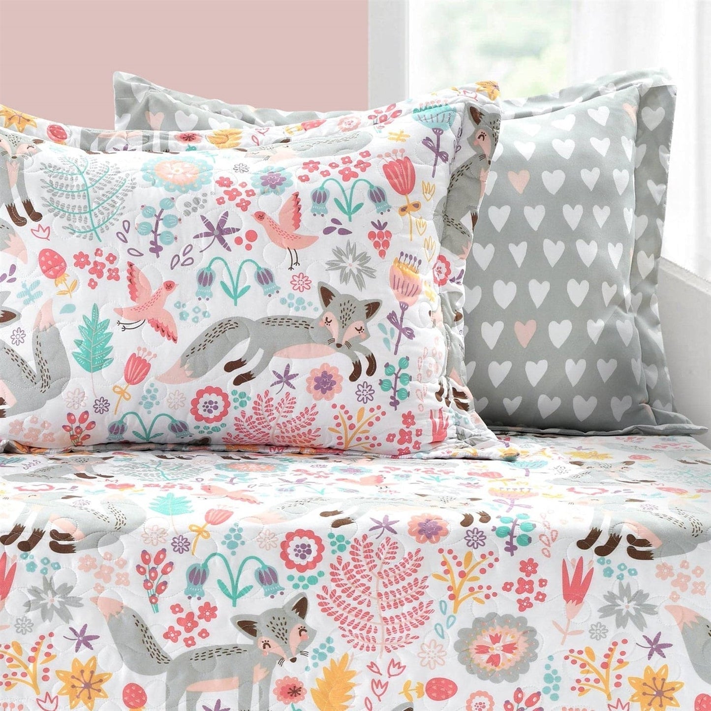 Pink Teal Orange Grey 6 Piece Floral Foxes Daybed Cover Bedding Set Melrose Home Design