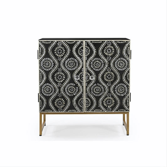 Black cabinet with white floral and wave bone inlay on gold legs, Fluent Trends home décor