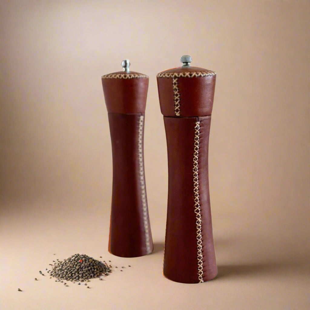 Sal y Pimienta | Leather Salt and Pepper Mills 8.5" x 2" x 2" - Fluent Trends