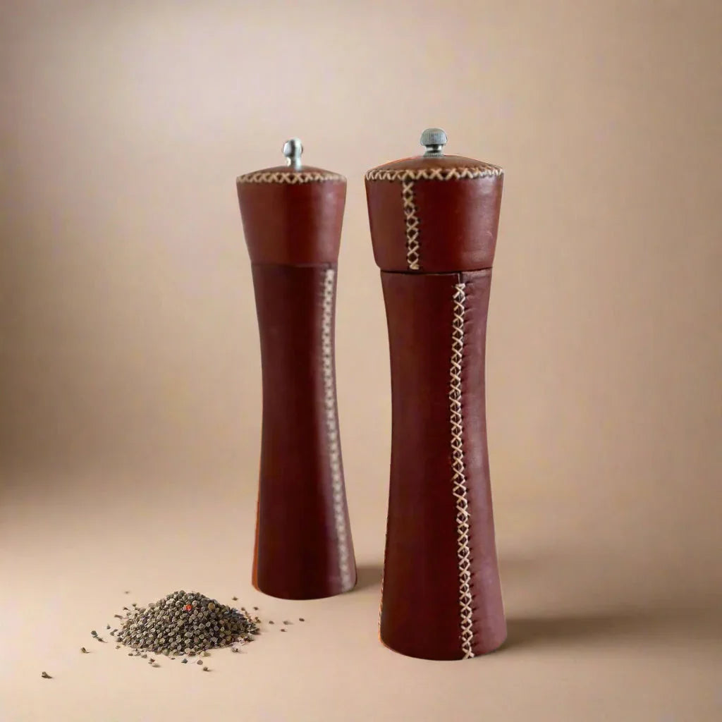 Sal y Pimienta | Leather Salt and Pepper Mills 8.5" x 2" x 2" - Fluent Trends