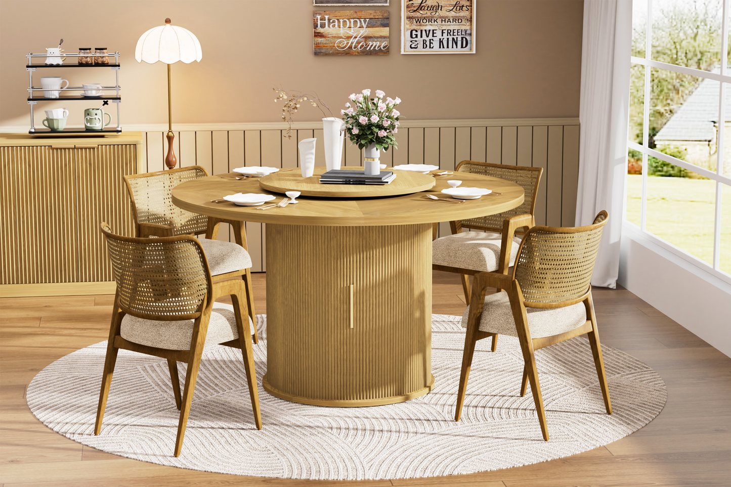 Fluent Trends 55" round natural wood dining table with 6 cane chairs, storage, rotating tray, and flower centerpiece