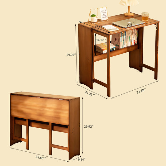 Brown bamboo folding desk, half-folded with laptop and books, shown with dimensions in inches for both folded and unfolded states.