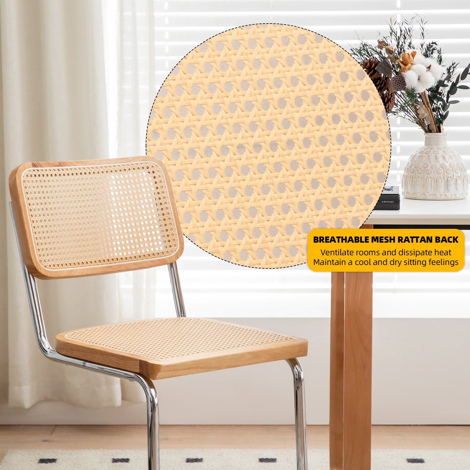 Modern-Mid Century Dining-Kitchen Chairs |Set of 2 | Velvet Rattan | Chrome Legs - Fluent Trends