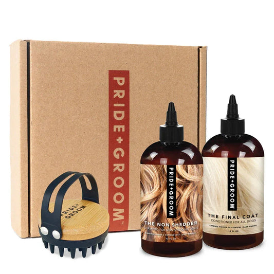 The Bath Brush Set For Dogs - Fluent Trends Dog Grooming Brush, Shampoo & Conditioner Set