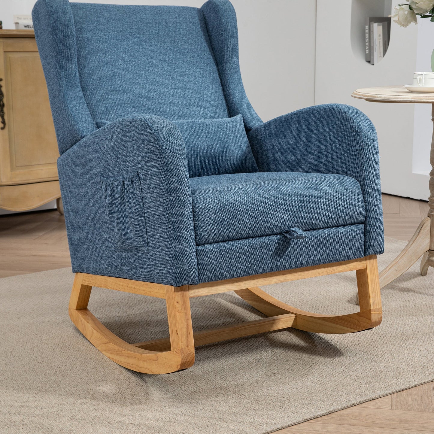 25.4'W Modern Rocking Chair for Nursery, Mid Century Accent Arm Rocker With Retractable Footrest, Side Pocket, Comfy Upholstered Wingback Wooden Glider Chair for Living Room Baby Kids Room. Blue