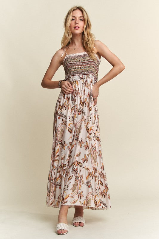 ADORA Smocked Printed Square Neck Tie Shoulder Cami Dress - Fluent Trends
