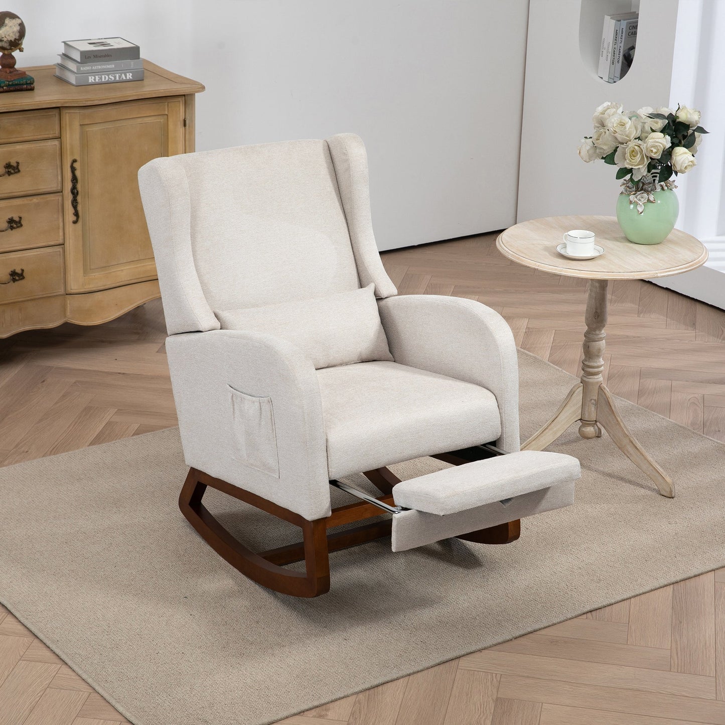 25.4'W Modern Rocking Chair for Nursery, Mid Century Accent Arm Rocker With Retractable Footrest, Side Pocket, Comfy Upholstered Wingback Wooden Glider Chair for Living Room Baby Kids Room. Beige Streamdale Furniture