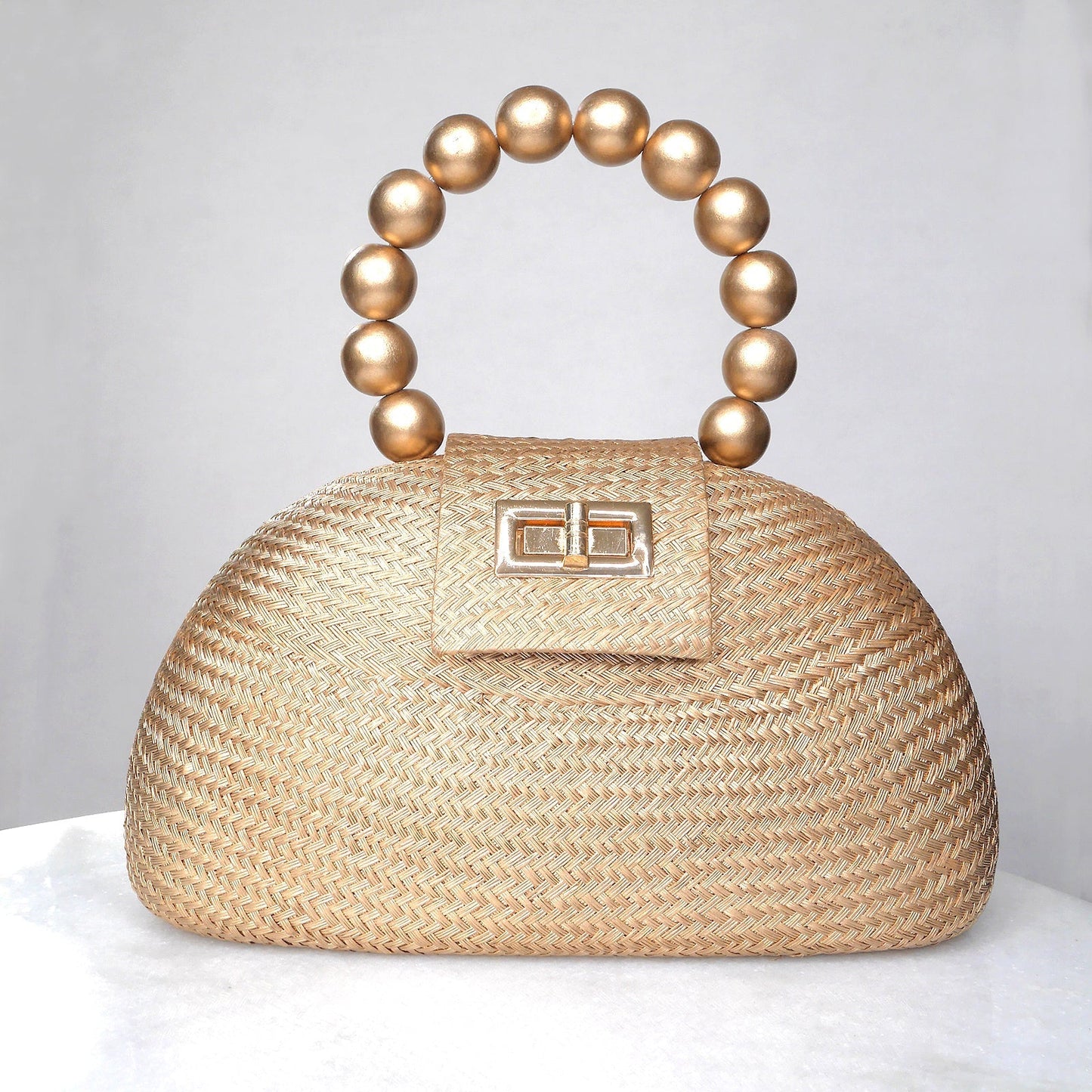 The Orla Gold Woven Straw & Wooden Bead Statement Clutch Bag - Fluent Trends
