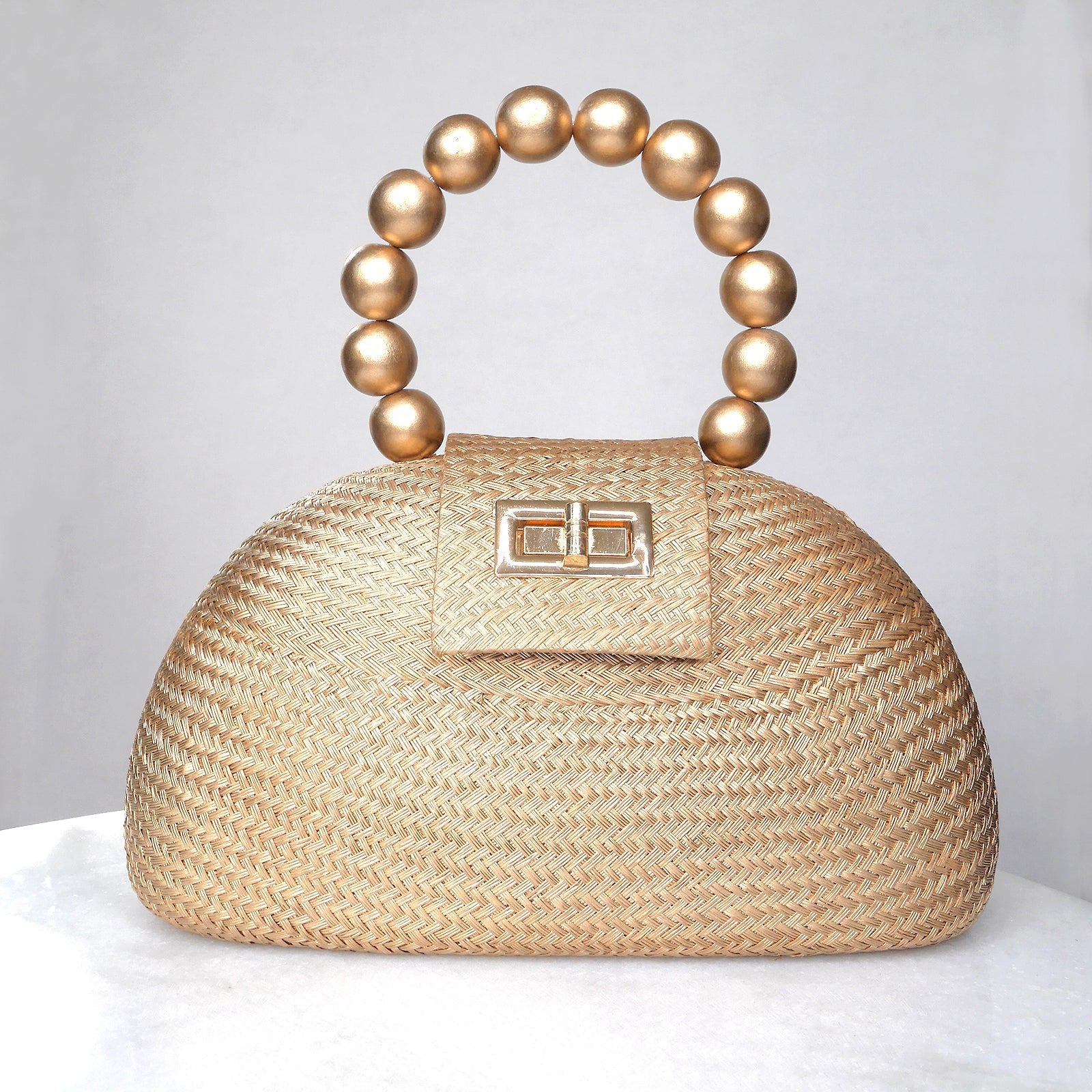 The Orla Gold Woven Straw & Wooden Bead Statement Clutch Bag - Fluent Trends