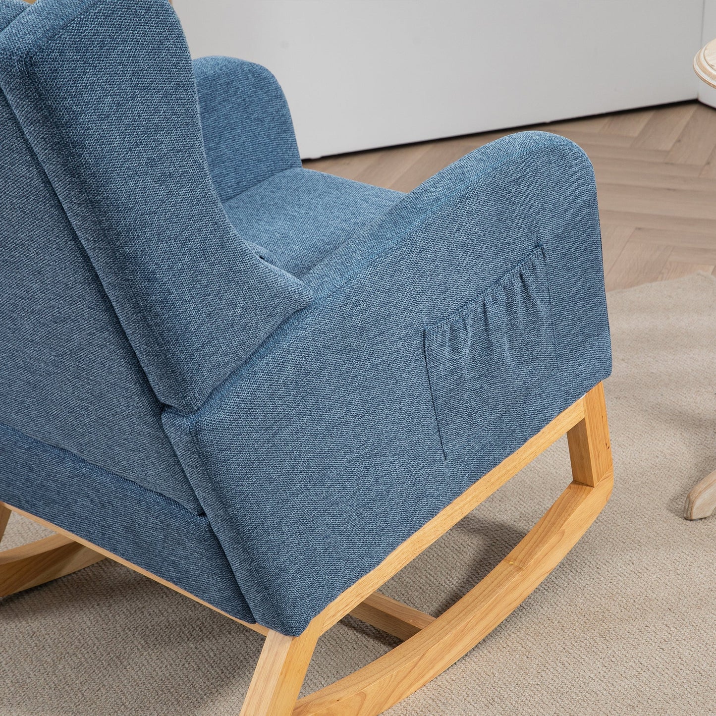 25.4'W Modern Rocking Chair for Nursery, Mid Century Accent Arm Rocker With Retractable Footrest, Side Pocket, Comfy Upholstered Wingback Wooden Glider Chair for Living Room Baby Kids Room. Blue