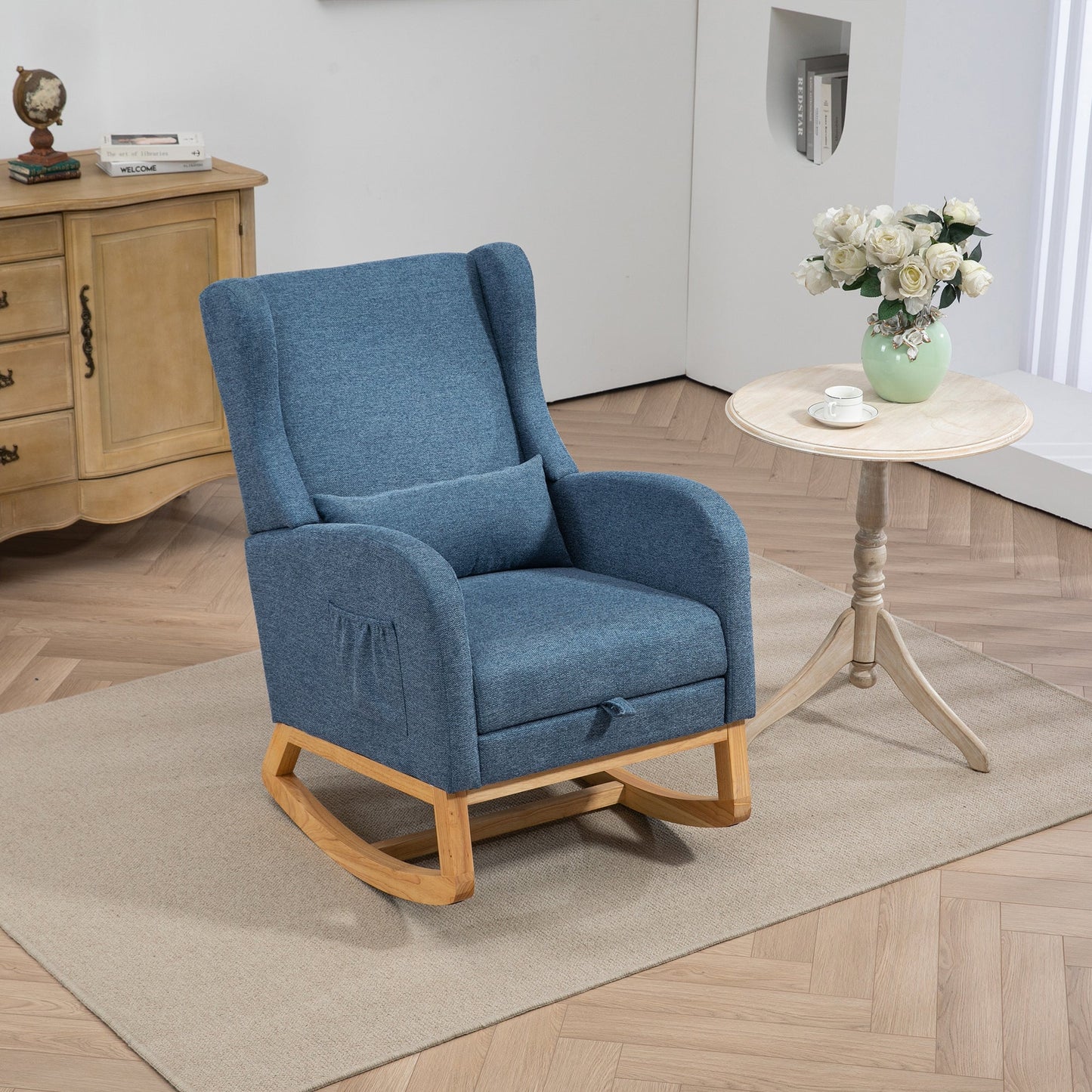 25.4'W Modern Rocking Chair for Nursery, Mid Century Accent Arm Rocker With Retractable Footrest, Side Pocket, Comfy Upholstered Wingback Wooden Glider Chair for Living Room Baby Kids Room. Blue