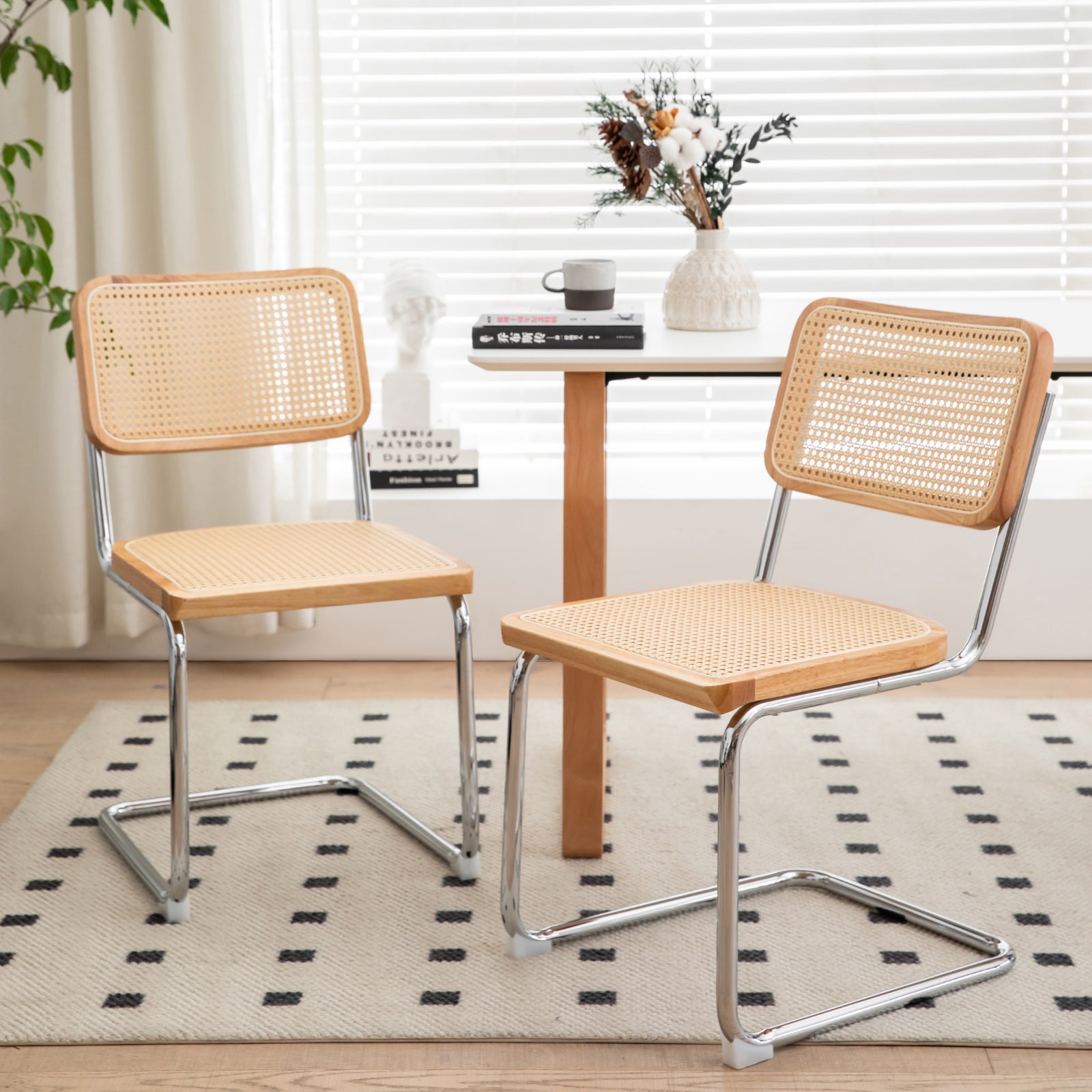 Modern-Mid Century Dining-Kitchen Chairs |Set of 2 | Velvet Rattan | Chrome Legs - Fluent Trends