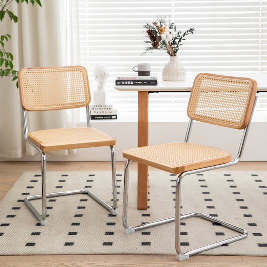 Modern-Mid Century Dining-Kitchen Chairs |Set of 2 | Velvet Rattan | Chrome Legs - Fluent Trends