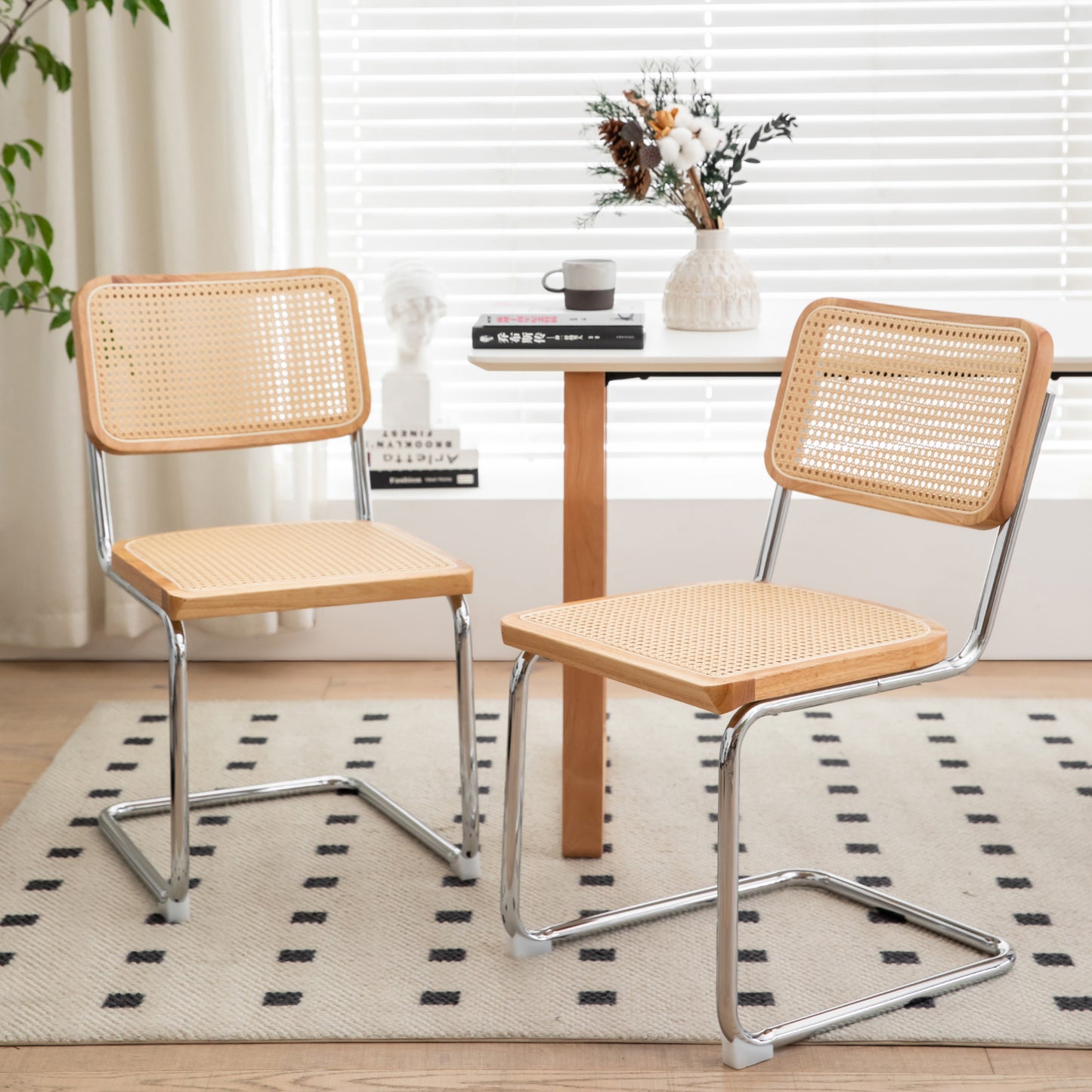 Modern-Mid Century Dining-Kitchen Chairs |Set of 2 | Velvet Rattan | Chrome Legs - Fluent Trends
