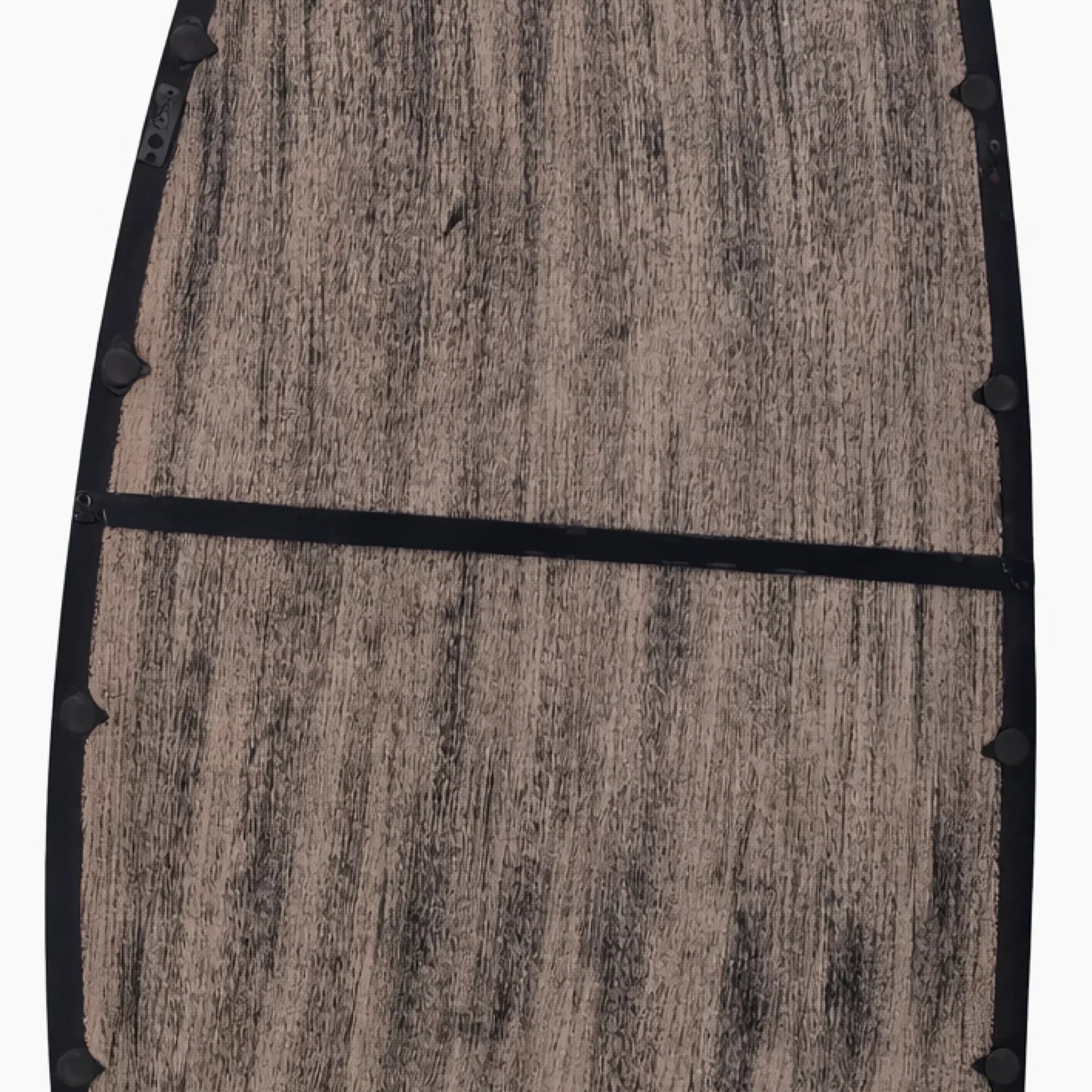 Close-up of blackwash mango wood wall mirror back panel showing natural wood grain texture and black frame hardware detail