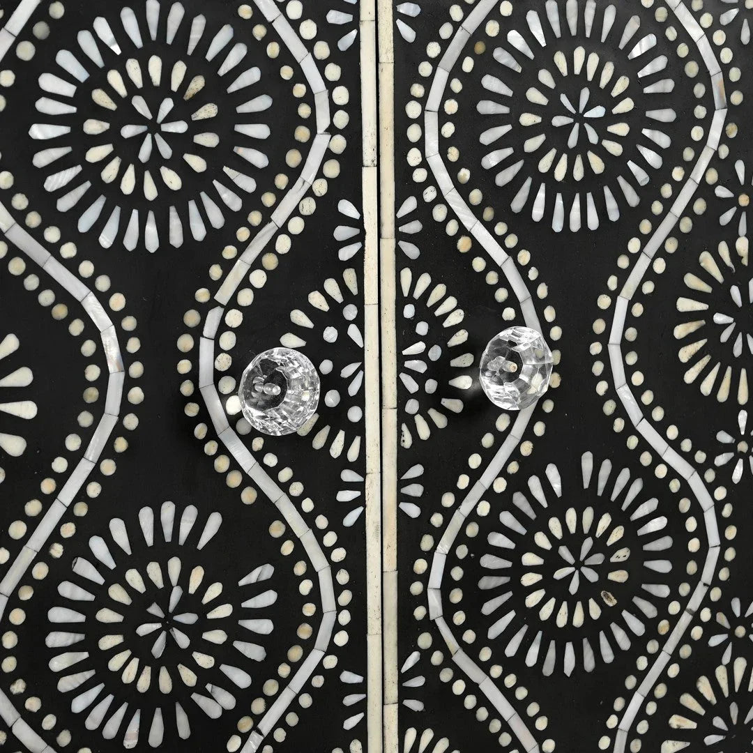 A detailed macro view of the sparkling crystal hardware knobs on the Bone Inlay Storage Cabinet, showcasing the precise texture of the floral inlay patterns.
