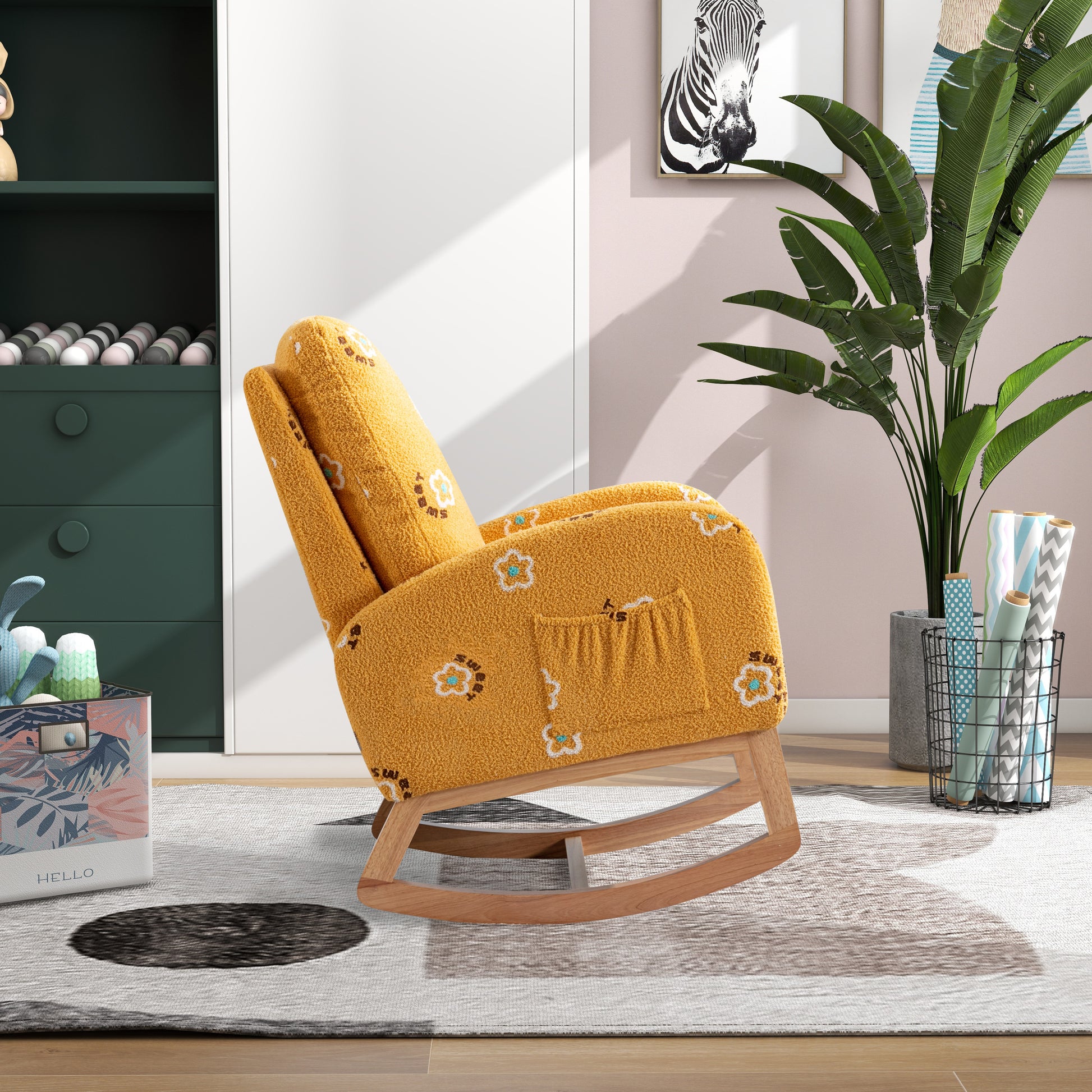 Modern Nursery Rocking Chair Mid Century Accent with Side Pocket Mustard Boucle Upholstered High Back - Fluent Trends