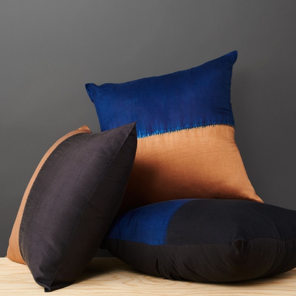 Aakar Indigo Gold Color Block Mulberry Silk Pillow - Fluent Trends