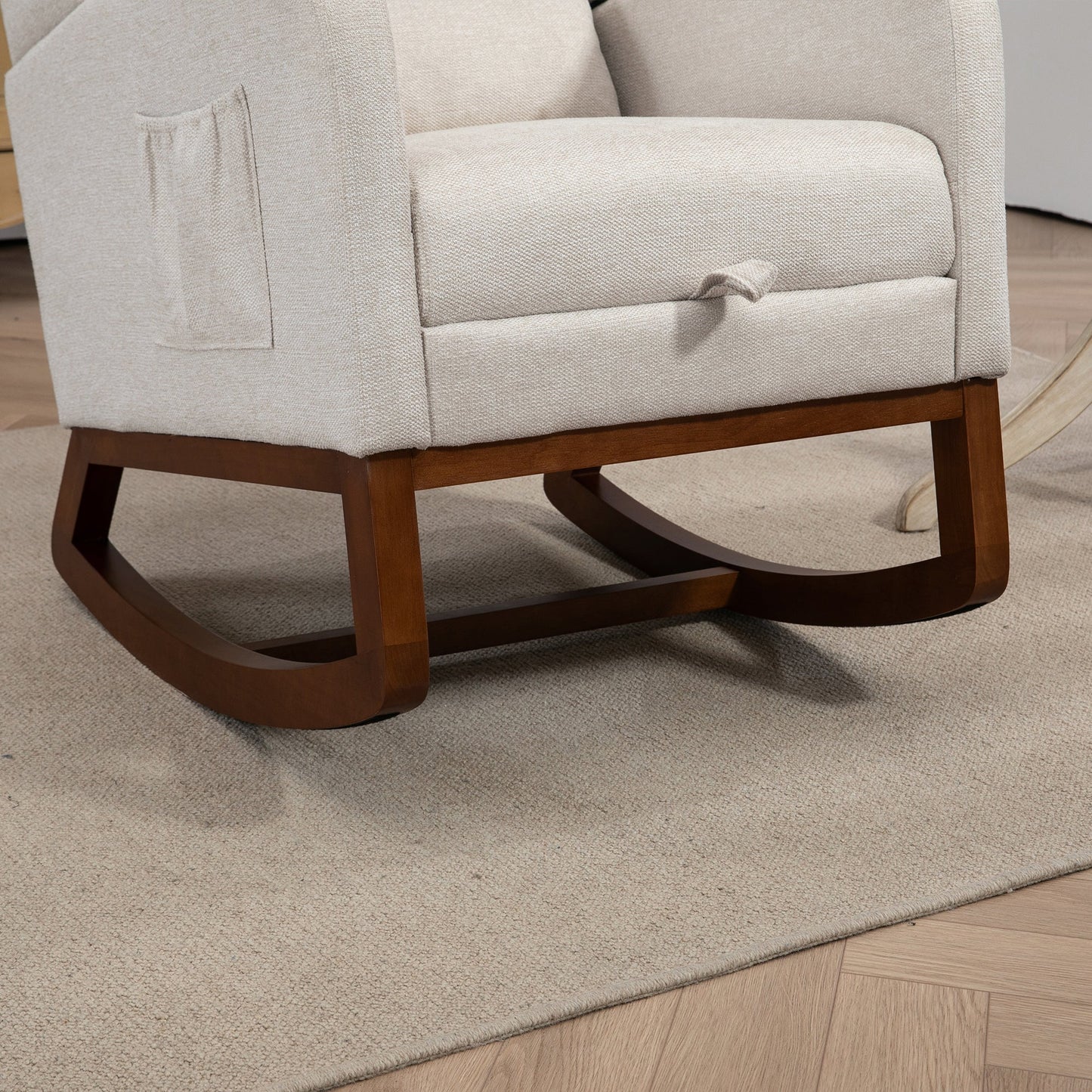 25.4'W Modern Rocking Chair for Nursery, Mid Century Accent Arm Rocker With Retractable Footrest, Side Pocket, Comfy Upholstered Wingback Wooden Glider Chair for Living Room Baby Kids Room. Beige Streamdale Furniture