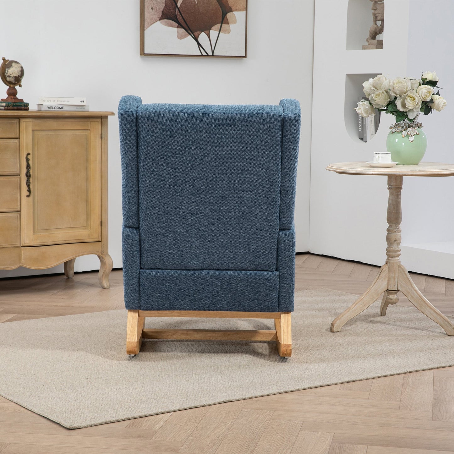 25.4'W Modern Rocking Chair for Nursery, Mid Century Accent Arm Rocker With Retractable Footrest, Side Pocket, Comfy Upholstered Wingback Wooden Glider Chair for Living Room Baby Kids Room. Blue