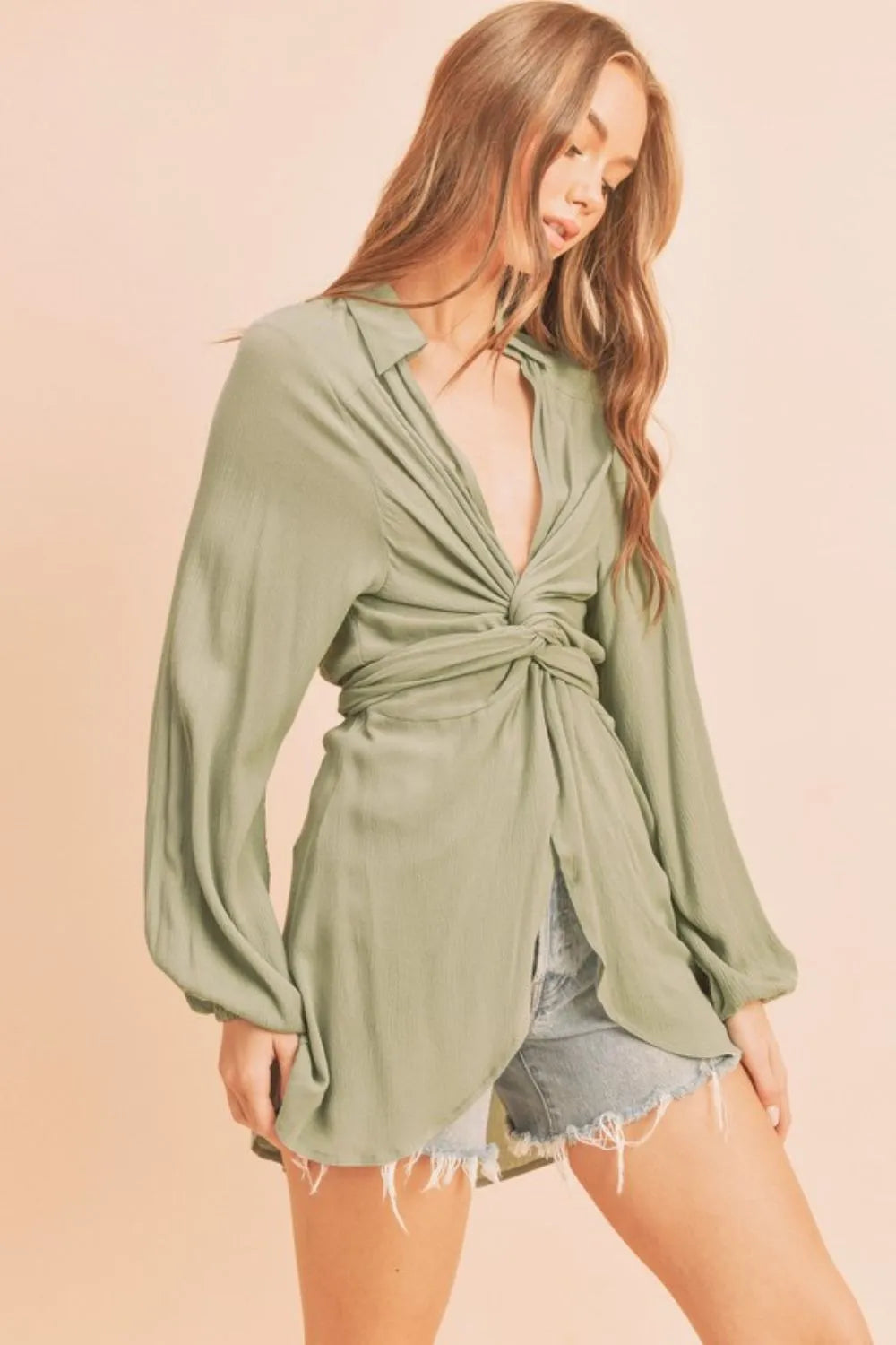 Aemi + Co Tied Collared Neck Long Sleeve Top - Fluent Trends
