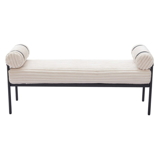 Cream corduroy upholstered bedroom bench with bolster arms and black steel base on white background