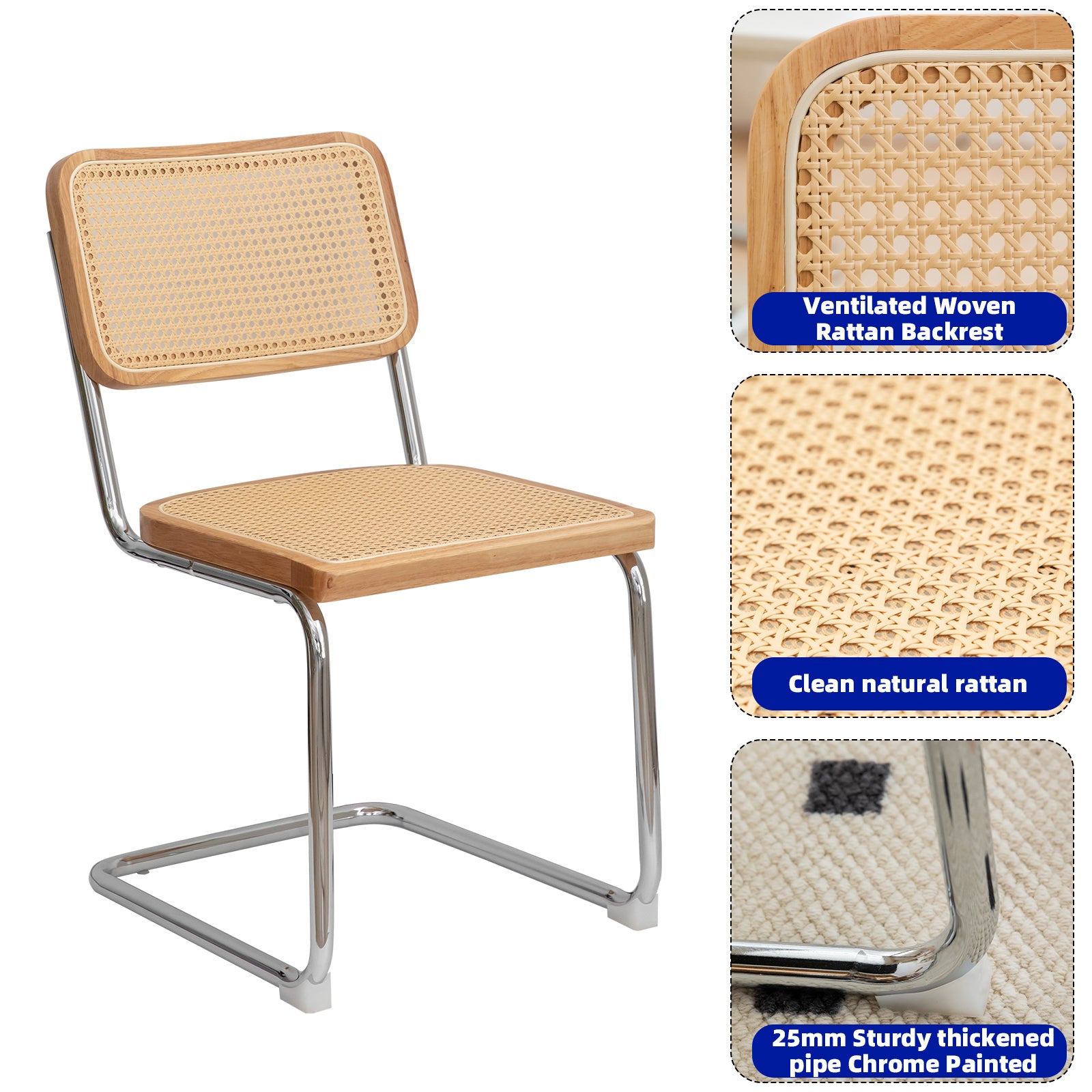 Modern-Mid Century Dining-Kitchen Chairs |Set of 2 | Velvet Rattan | Chrome Legs - Fluent Trends
