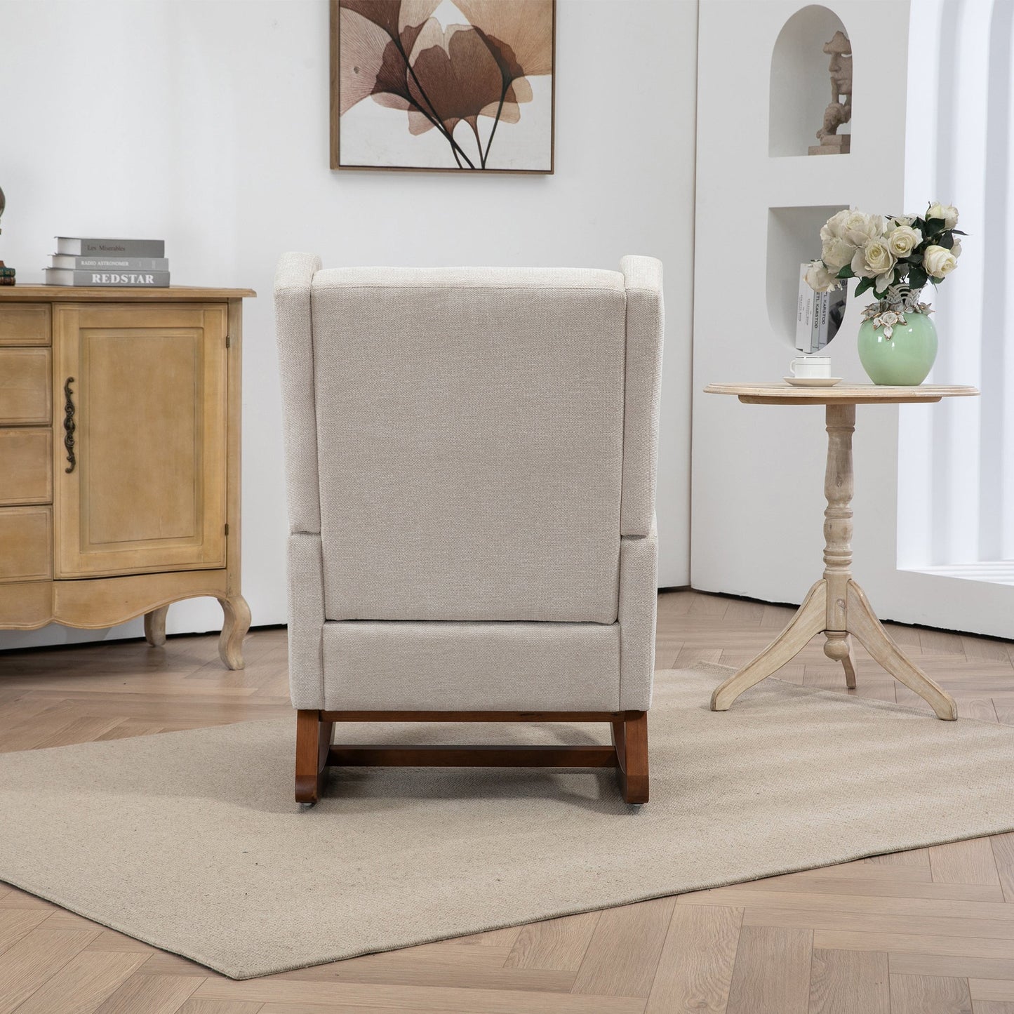 25.4'W Modern Rocking Chair for Nursery, Mid Century Accent Arm Rocker With Retractable Footrest, Side Pocket, Comfy Upholstered Wingback Wooden Glider Chair for Living Room Baby Kids Room. Beige Streamdale Furniture