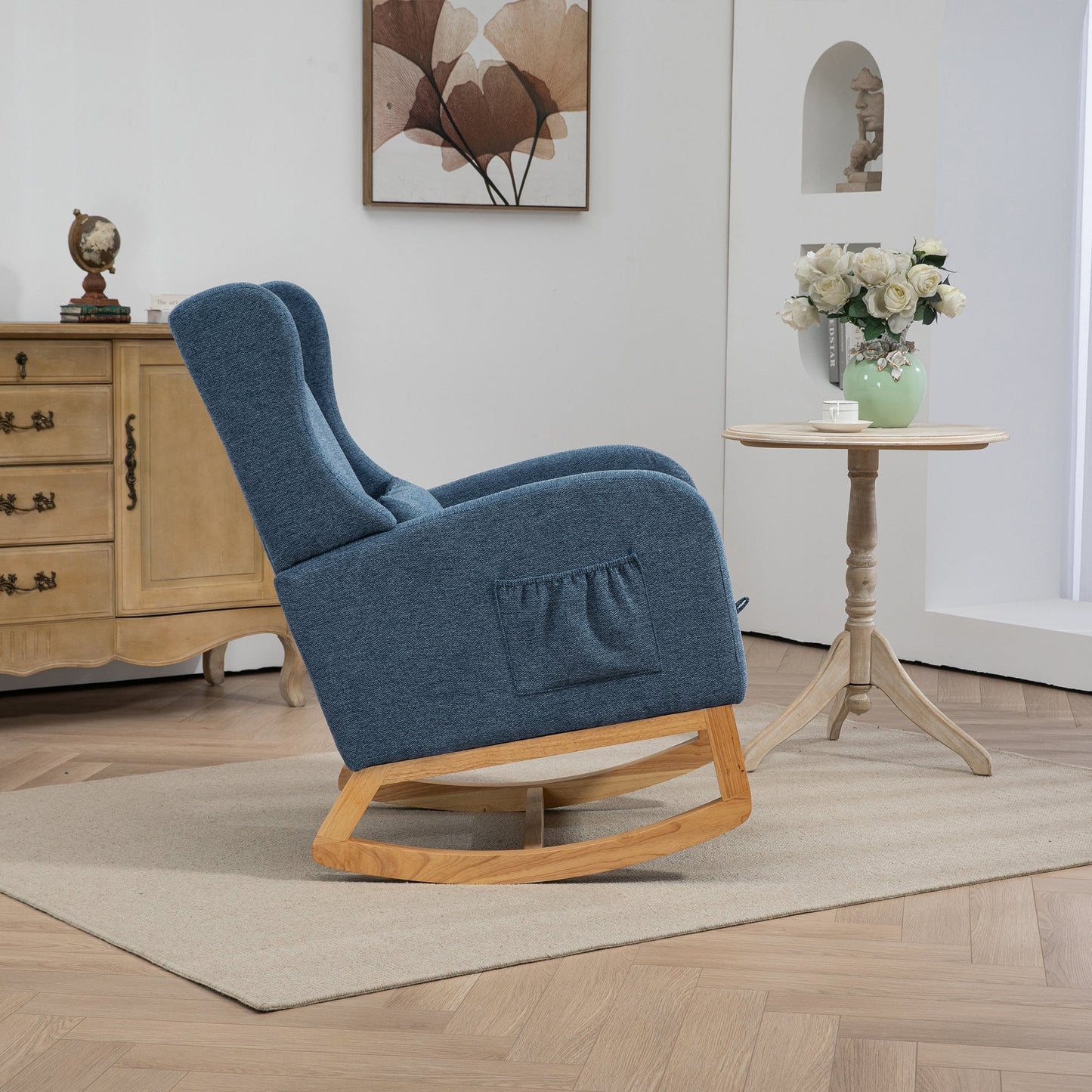 25.4'W Modern Rocking Chair for Nursery, Mid Century Accent Arm Rocker With Retractable Footrest, Side Pocket, Comfy Upholstered Wingback Wooden Glider Chair for Living Room Baby Kids Room. Blue