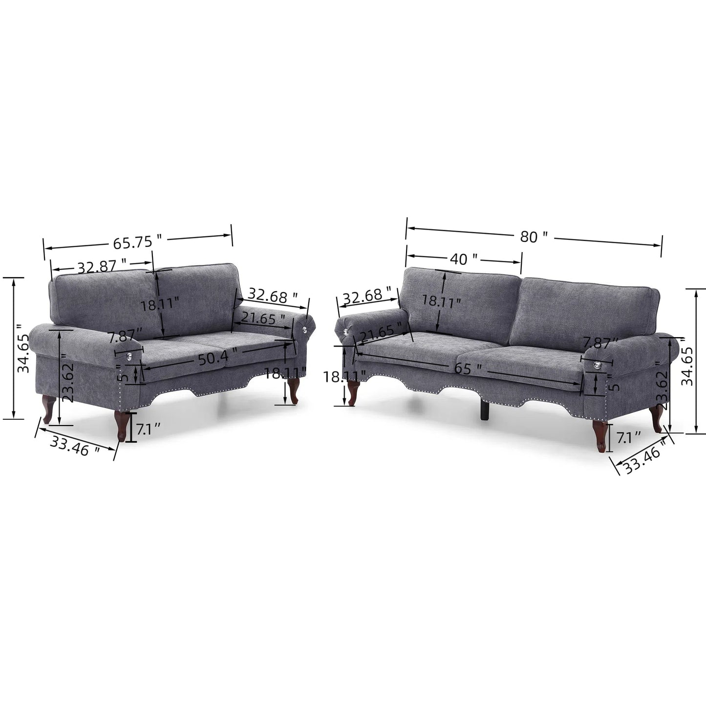 2 Piece Sofa Set with Movable Pillows, 5 Seat, Upholstered Sofa, Gray