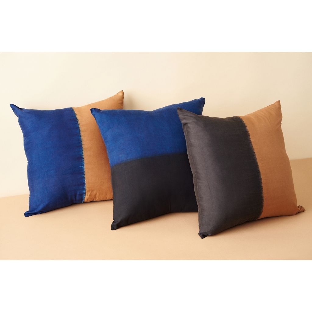 Aakar Indigo Gold Color Block Mulberry Silk Pillow - Fluent Trends