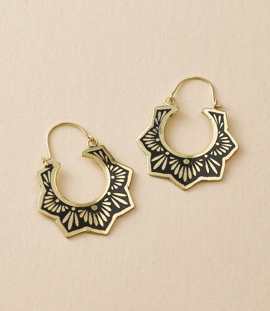 Nisha Lotus Hoop Earrings - Gold, Black - Fluent Trends