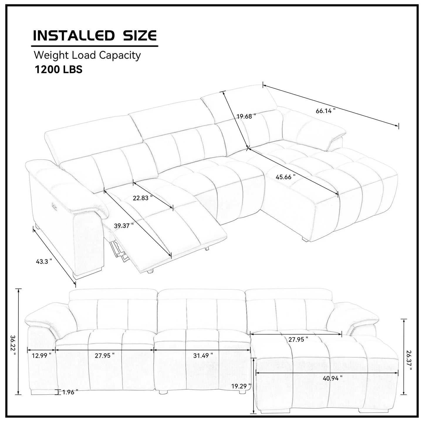Detailed technical dimension diagram of the Premium Leather Modern Reclining Sectional, illustrating the installed size, 1200 lbs weight capacity, and specific measurements for the L-shaped layout.