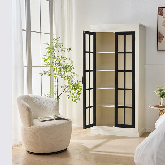 Rustic Style Display Curio Cabinet with Lattice Window Doors for Collectibles | White & Black - Fluent Trends