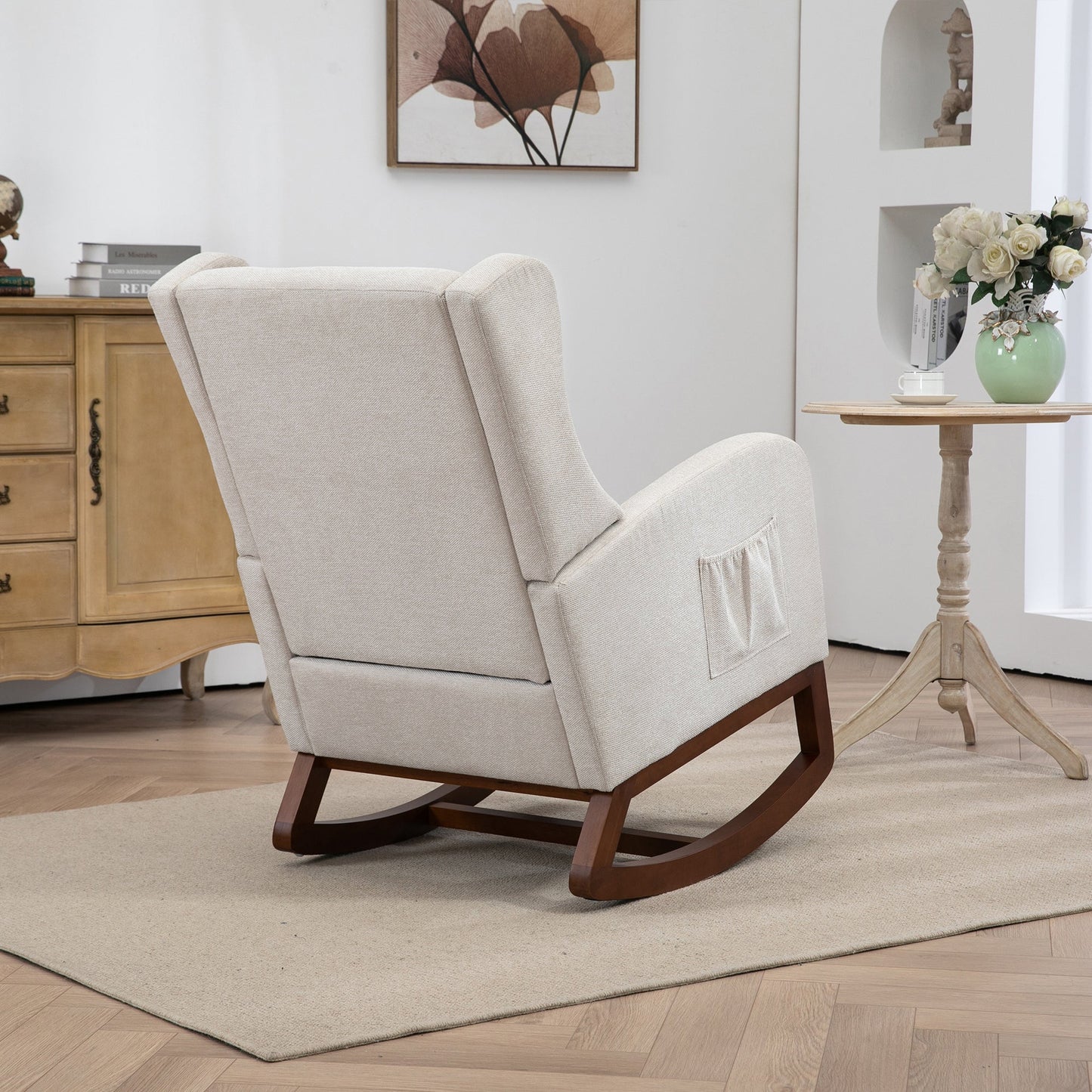 25.4'W Modern Rocking Chair for Nursery, Mid Century Accent Arm Rocker With Retractable Footrest, Side Pocket, Comfy Upholstered Wingback Wooden Glider Chair for Living Room Baby Kids Room. Beige Streamdale Furniture