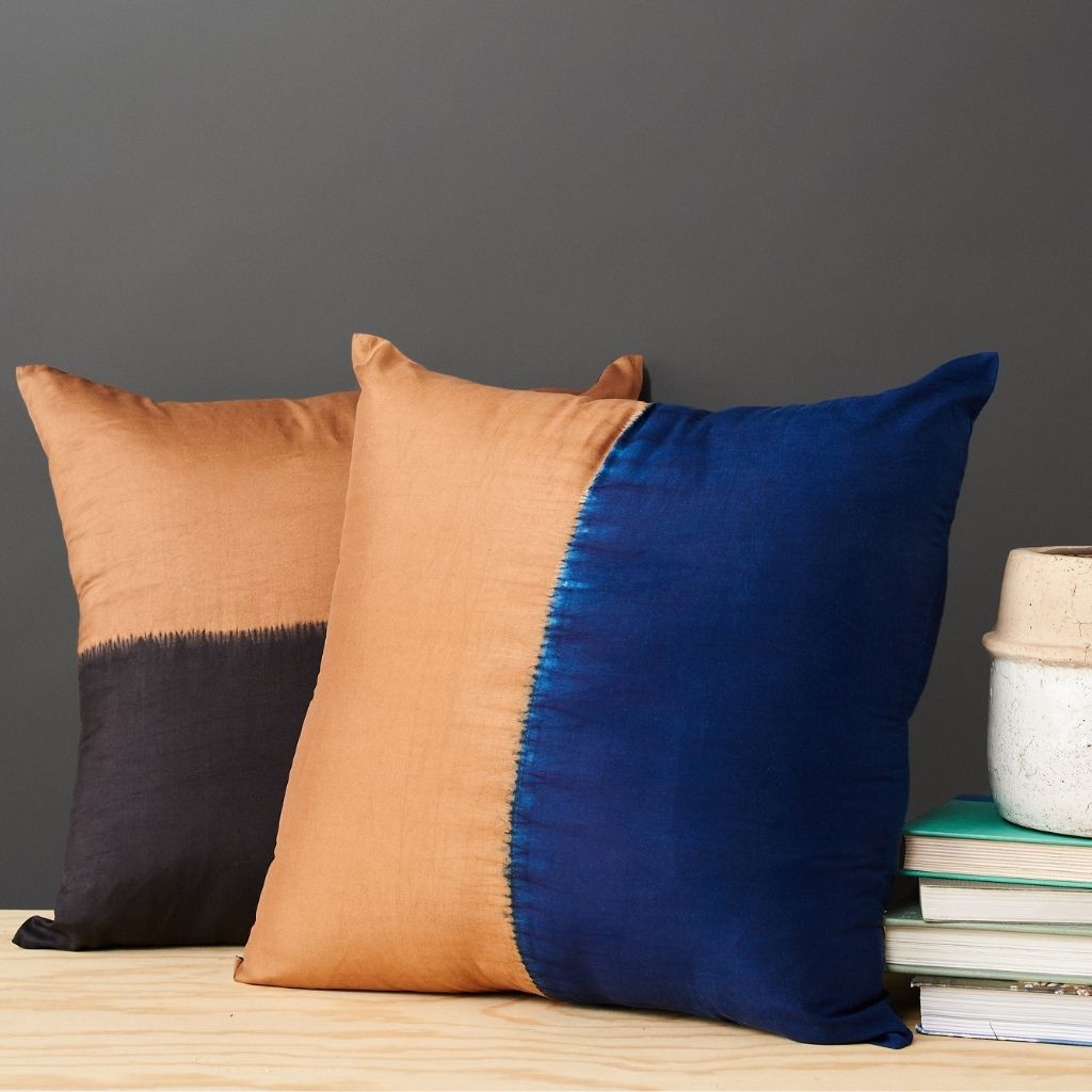 Aakar Indigo Gold Color Block Mulberry Silk Pillow - Fluent Trends